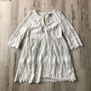 White Sheer Embroidered Elegant Lace Dress with Gold Trim